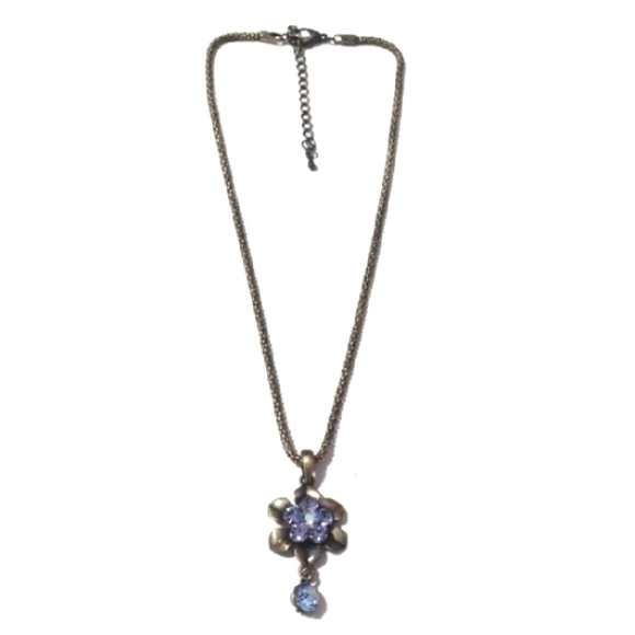 VINTAGE BRASS-TONE IRIDESCENT PURPLE/BLUE CRYSTAL FLORAL PENDANT 17-20" NECKLACE - Picture 1 of 11